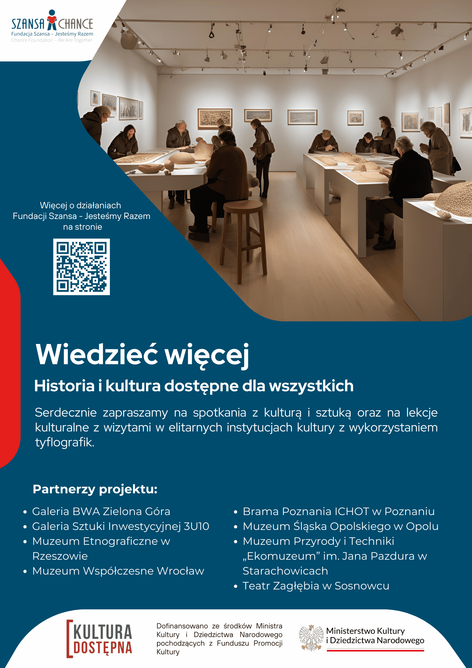 Plakat promujący projekt „Wiedzieć więcej – Historia i kultura dostępne dla wszystkich”. Na górze zdjęcie osób oglądających eksponaty w galerii sztuki. Poniżej tekst zapraszający na wydarzenia kulturalne z wykorzystaniem tyflografik. Wymienieni są partnerzy projektu, w tym muzea i galerie sztuki w Polsce. Na dole znajdują się loga fundacji "Szansa – Jesteśmy Razem" oraz Ministerstwa Kultury i Dziedzictwa Narodowego.