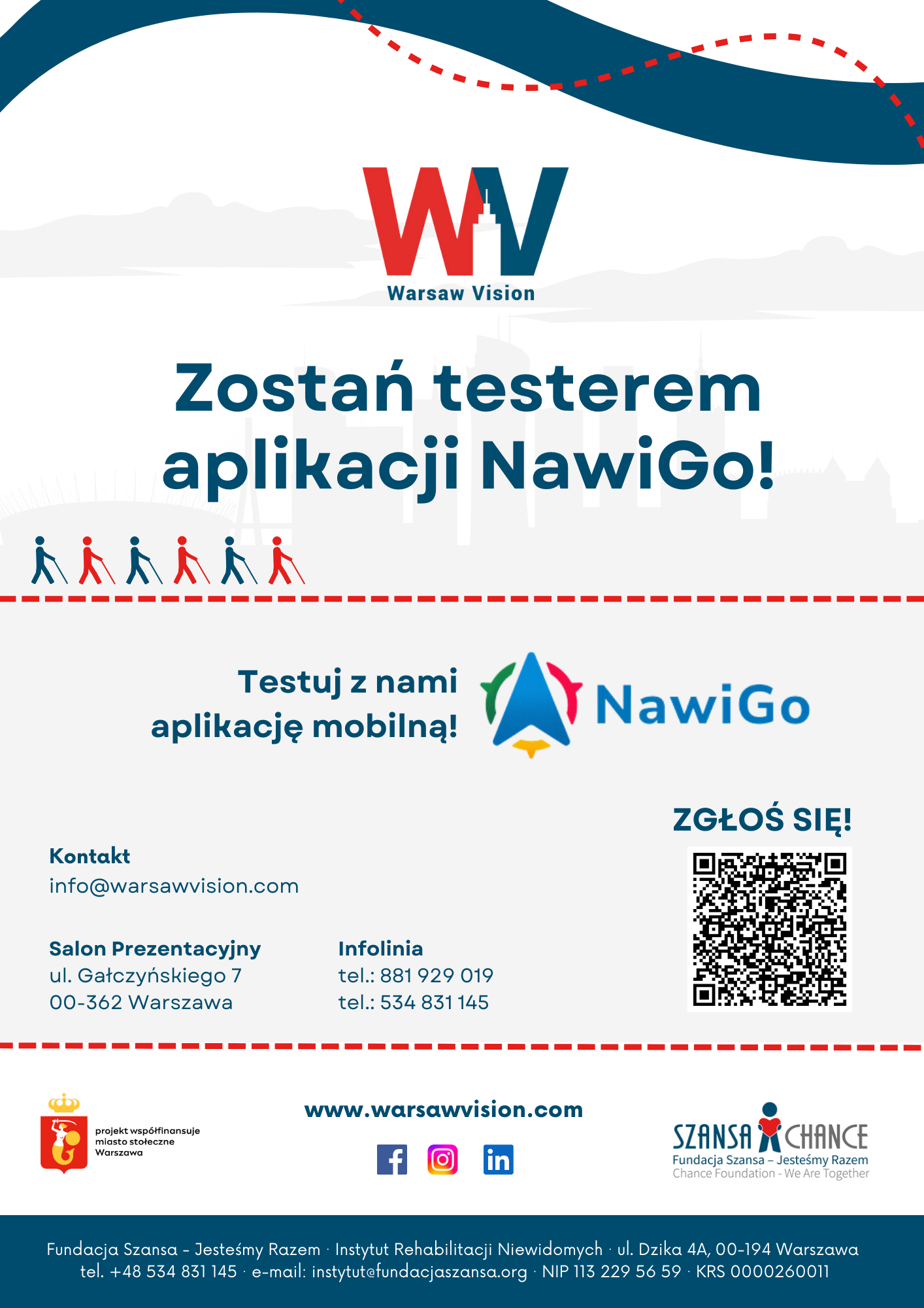 Plakat zachęcający do zostania testerem Aplikacji NawiGo. Dane kontaktowe i telefoniczne. Link do formularza. 