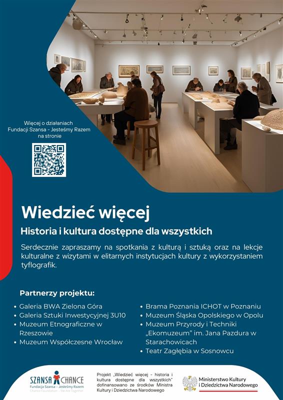 Plakat promujący projekt „Wiedzieć więcej – Historia i kultura dostępne dla wszystkich”. Na górze zdjęcie osób oglądających eksponaty w galerii sztuki. Poniżej tekst zapraszający na wydarzenia kulturalne z wykorzystaniem tyflografik. Wymienieni są partnerzy projektu, w tym muzea i galerie sztuki w Polsce. Na dole znajdują się loga fundacji "Szansa – Jesteśmy Razem" oraz Ministerstwa Kultury i Dziedzictwa Narodowego.