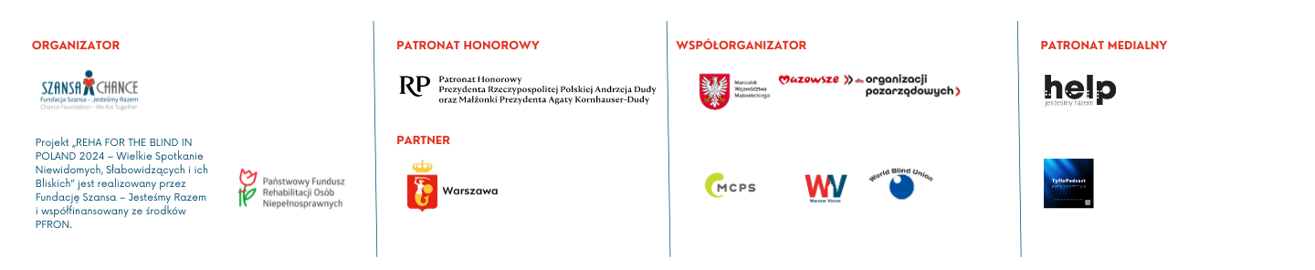 Logotypy organizatora Konfrencji Reha for the blind in Poland 2024: organizator, patronat honorowy, partner, współorganizatorzy i partnerzy medialni